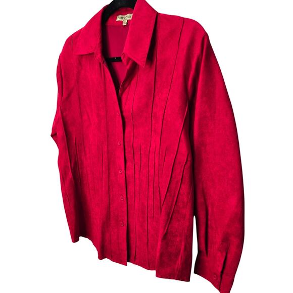Notations Button Up Top Shirt Womens Large Petite Red Microfiber Suede Christmas - Picture 2 of 9